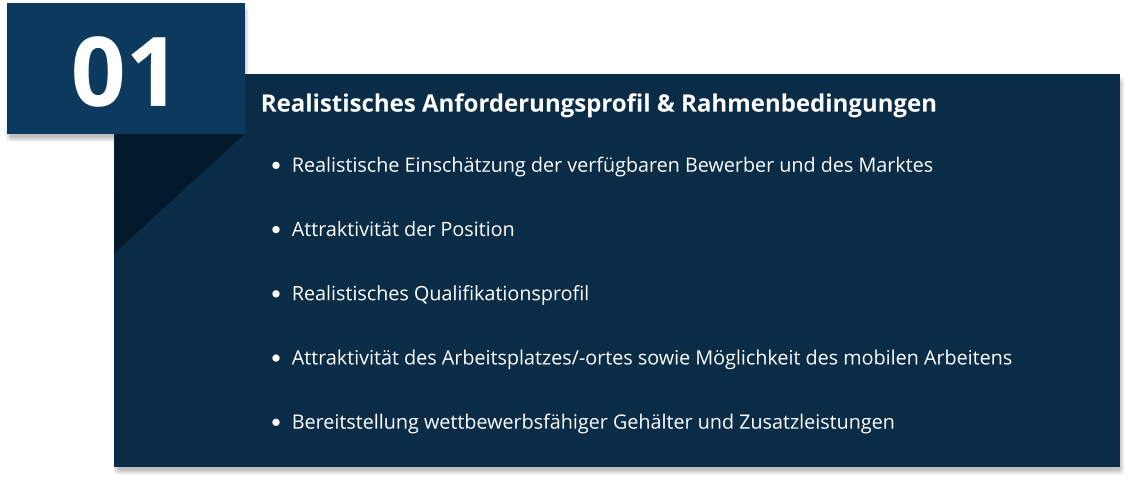 01 Realistisches Anforderungsprofil & Rahmenbedingungen •	Realistische Einschätzung der verfügbaren Bewerber und des Marktes •	Attraktivität der Position •	Realistisches Qualifikationsprofil •	Attraktivität des Arbeitsplatzes/-ortes sowie Möglichkeit des mobilen Arbeitens •	Bereitstellung wettbewerbsfähiger Gehälter und Zusatzleistungen