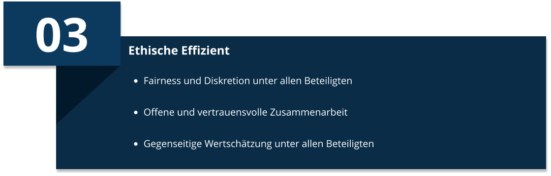 03 Ethische Effizient •	Fairness und Diskretion unter allen Beteiligten •	Offene und vertrauensvolle Zusammenarbeit •	Gegenseitige Wertschätzung unter allen Beteiligten