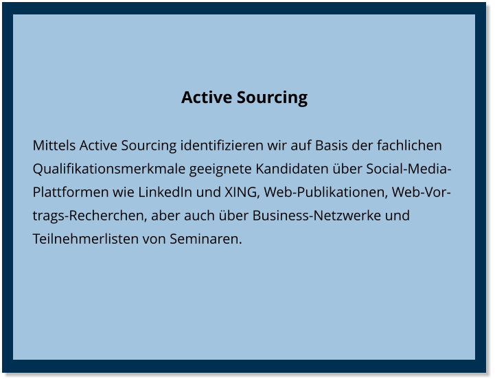 Active Sourcing Mittels Active Sourcing identifizieren wir auf Basis der fachlichen Qualifikationsmerkmale geeignete Kandidaten über Social-Media-Plattformen wie LinkedIn und XING, Web-Publikationen, Web-Vortrags-Recherchen, aber auch über Business-Netzwerke und Teilnehmerlisten von Seminaren.