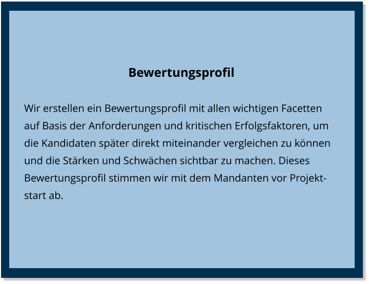 Bewertungsprofil Wir erstellen ein Bewertungsprofil mit allen wichtigen Facetten auf Basis der Anforderungen und kritischen Erfolgsfaktoren, um die Kandidaten später direkt miteinander vergleichen zu können und die Stärken und Schwächen sichtbar zu machen. Dieses Bewertungsprofil stimmen wir mit dem Mandanten vor Projektstart ab.