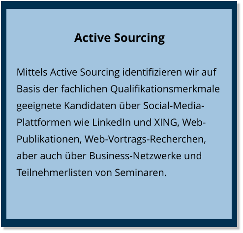 Active Sourcing Mittels Active Sourcing identifizieren wir auf Basis der fachlichen Qualifikationsmerkmale geeignete Kandidaten über Social-Media-Plattformen wie LinkedIn und XING, Web-Publikationen, Web-Vortrags-Recherchen, aber auch über Business-Netzwerke und Teilnehmerlisten von Seminaren.