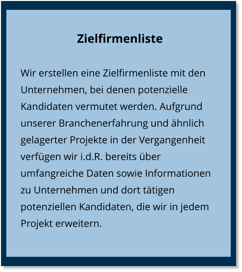 Zielfirmenliste Wir erstellen eine Zielfirmenliste mit den Unternehmen, bei denen potenzielle Kandidaten vermutet werden. Aufgrund unserer Branchenerfahrung und ähnlich gelagerter Projekte in der Vergangenheit verfügen wir i.d.R. bereits über umfangreiche Daten sowie Informationen zu Unternehmen und dort tätigen potenziellen Kandidaten, die wir in jedem Projekt erweitern.